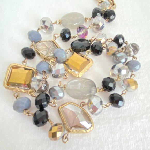 Multi Media Chain Opera Necklace Brass Tone Chains With Beads & Rhinestones - Picture 6 of 7